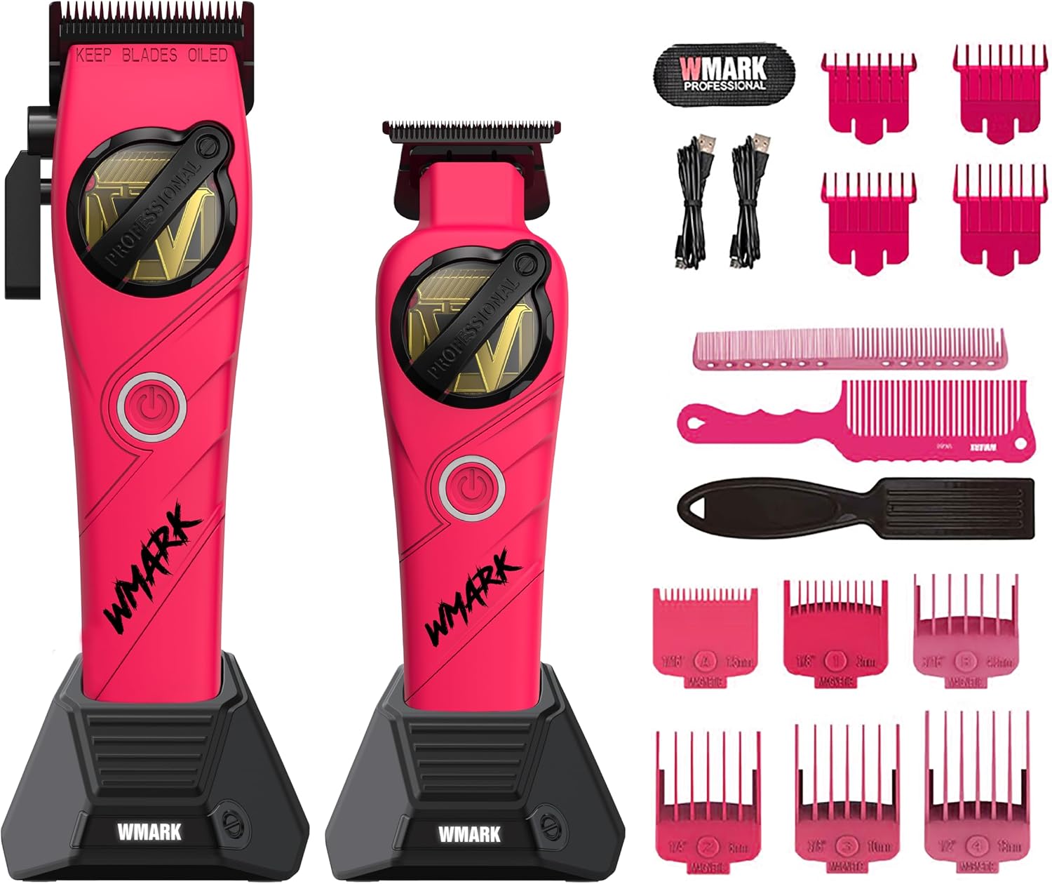 WMARK Professional 2-Piece Haircut Kit for Barber - High-Speed Clipper (7500/8500rpm) & Detail Trimmer (6500/7500rpm), Ceramic Blades, Rechargeable Lithium-Ion Batteries, NG-8613 KIT (Pink)