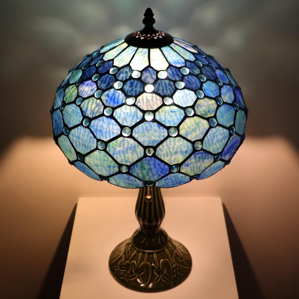 Tiffany Lamp Stained Glass Table Lamps Sea Blue Water Ripple Pearl Style Desk Lamp12X12X18.5 Inch Bronze Ceramic Base Reading Light Suitable for Bedside Bedroom Living Room Dining Room Office