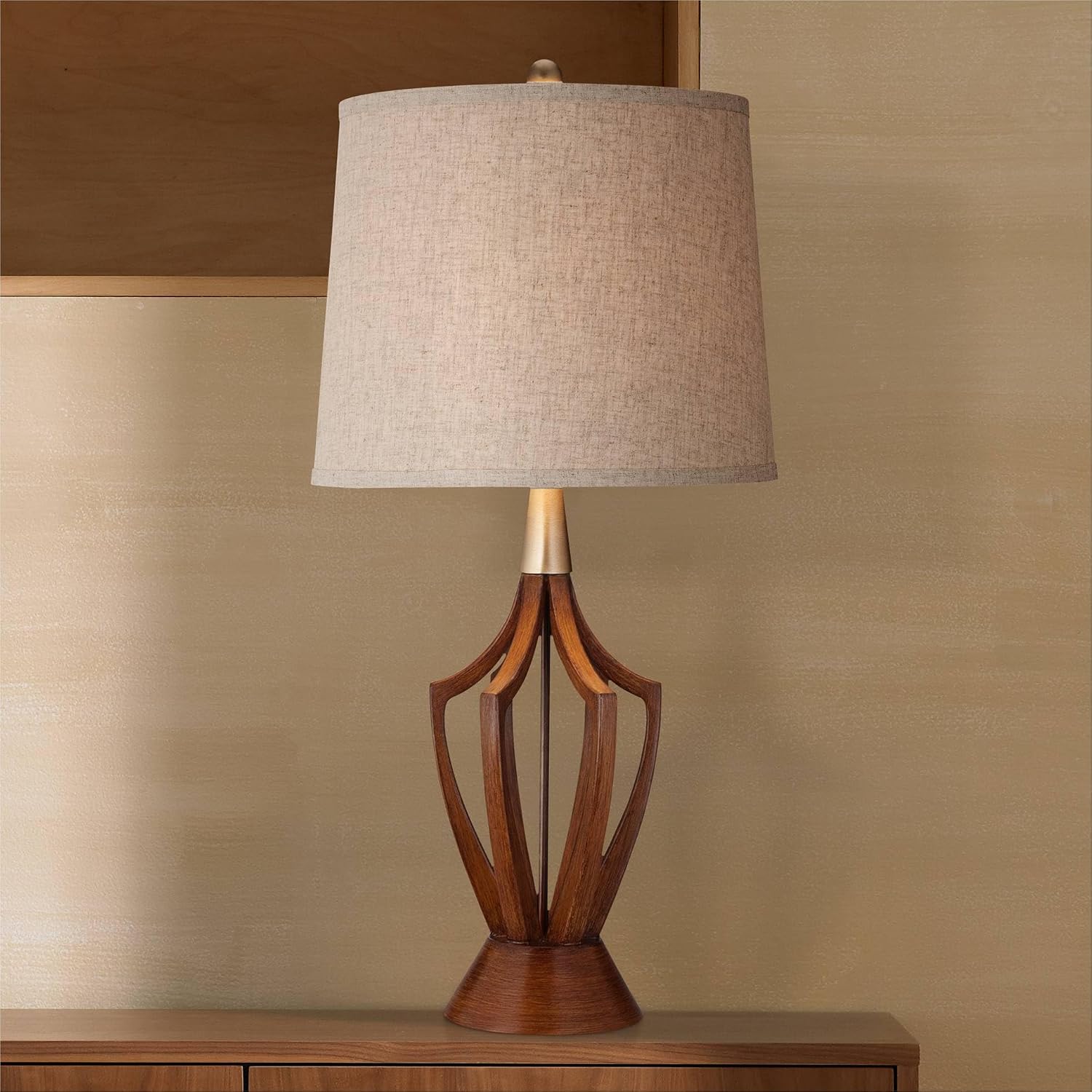 360 Lighting St. Claire Mid Century Modern 3-Way Table Lamp 30 3/4' Tall with USB Charging Port Wood Taupe Fabric Drum Shade for Bedroom Living Room Nightstand Bedside Night Stand Office