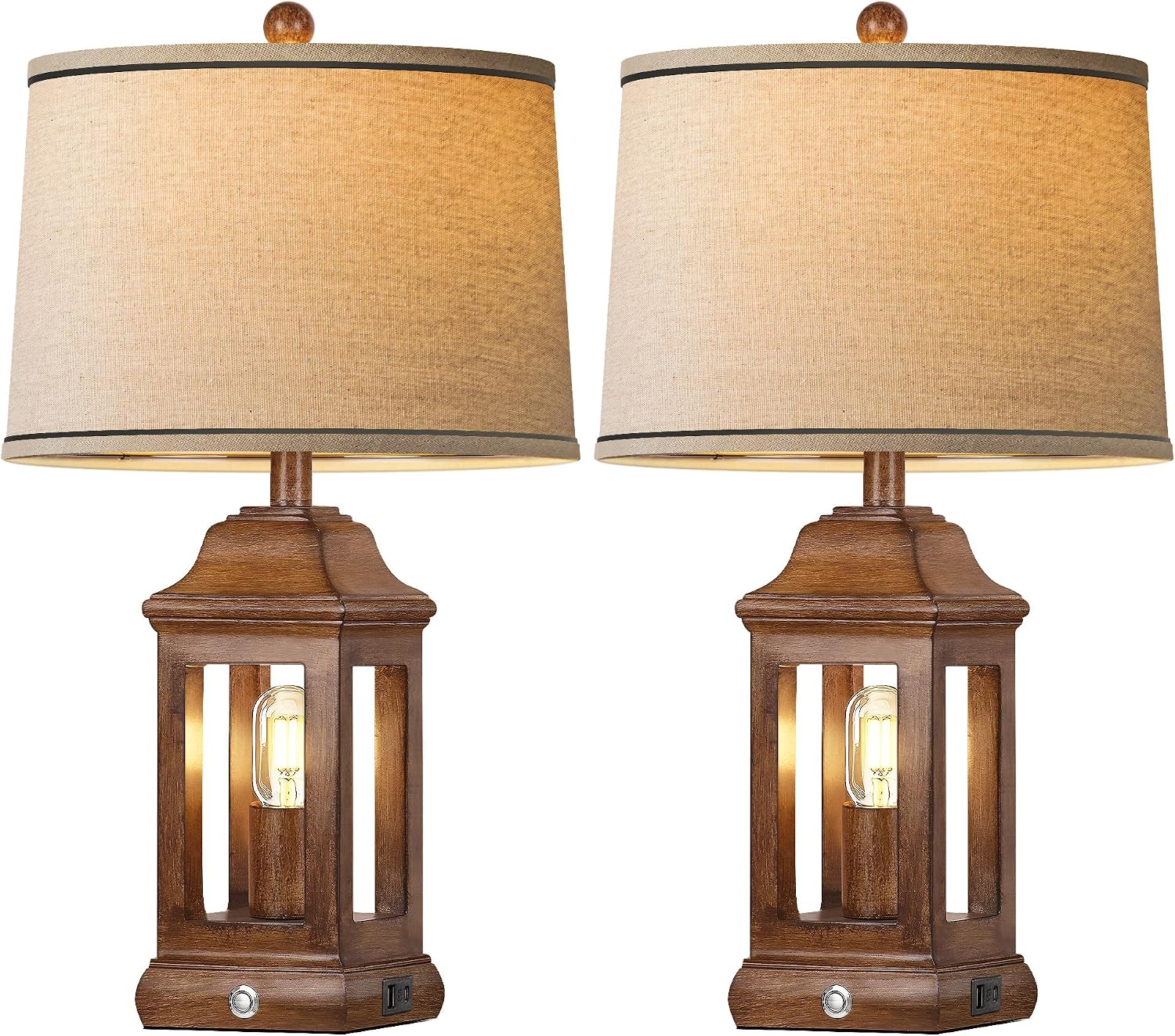 24' Rustic Farmhouse Table Lamps for Living Room Set of 2, Touch Dimmable Nightlight Vintage Bedside Lamps with USB A+C Ports & Dual Light Sources for Bedroom Nightstand End Table, Wood Grain