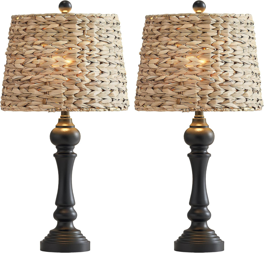 Maxax 26' Boho Rattan Table Lamps for Bedroom Set of 2, Coastal Bedside Lamps with Rattan Shade, Black Farmhouse Wicker Lamps, Rustic Resin Nightstand Lamps for Living Room