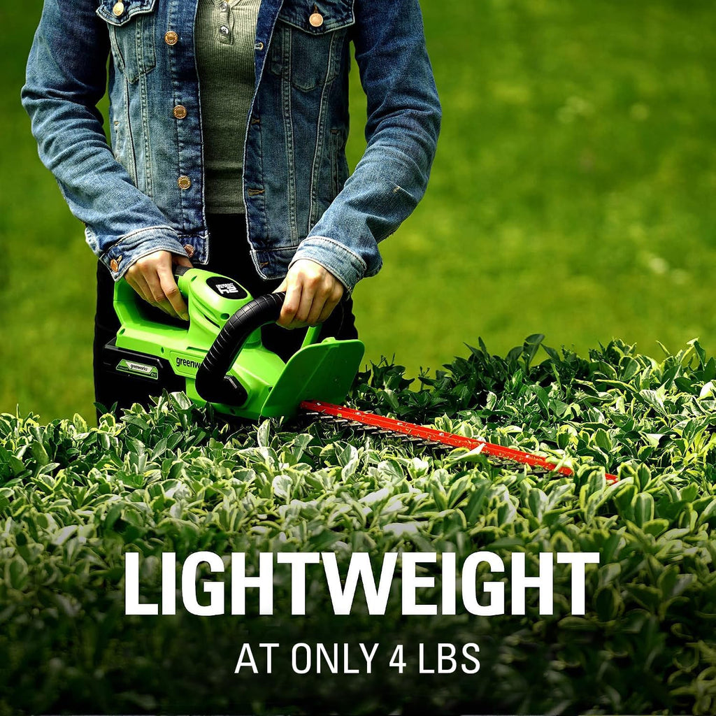 Greenworks 24V 22' Cordless Rotating Handle Hedge Trimmer, 1.5Ah USB Battery and Charger Included