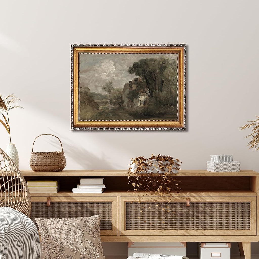 Large Framed Country Manor Canvas Wall Art Vintage Countryside Cottage Landscape Oil Painting Poster Rustic Estate European Country Artwork Print Classic Farmhouse Bedrom Decor 24x36inch