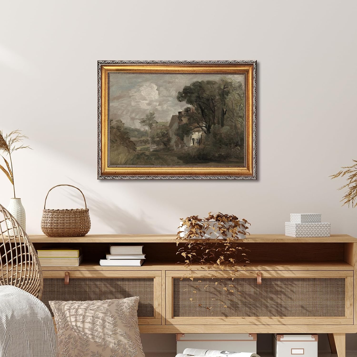 Large Framed Country Manor Canvas Wall Art Vintage Countryside Cottage Landscape Oil Painting Poster Rustic Estate European Country Artwork Print Classic Farmhouse Bedrom Decor 24x36inch