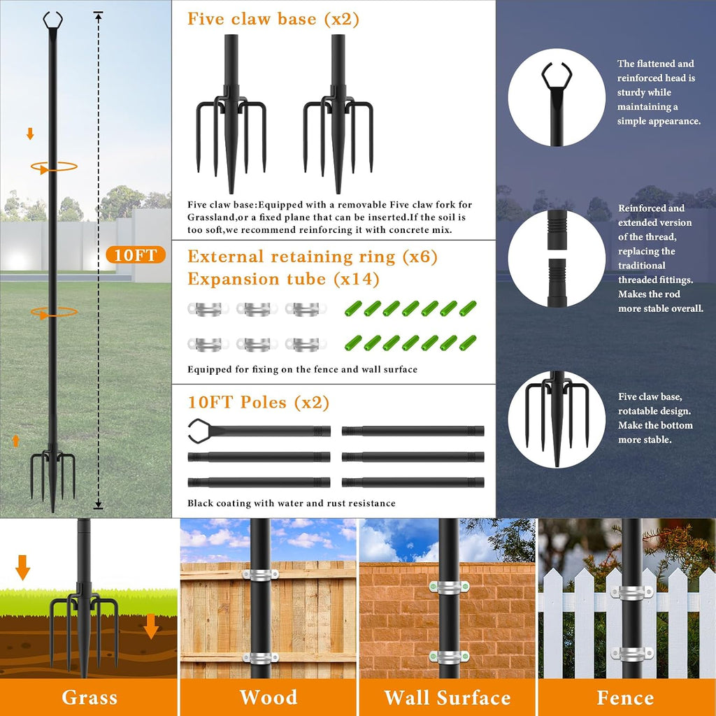Mutovlin 8 Pack String Light Poles,10 Ft Light Poles for Outside String Lights,Outdoor Lights Pole with Fork,Metal Poles Stand for Patio Deck Backyard