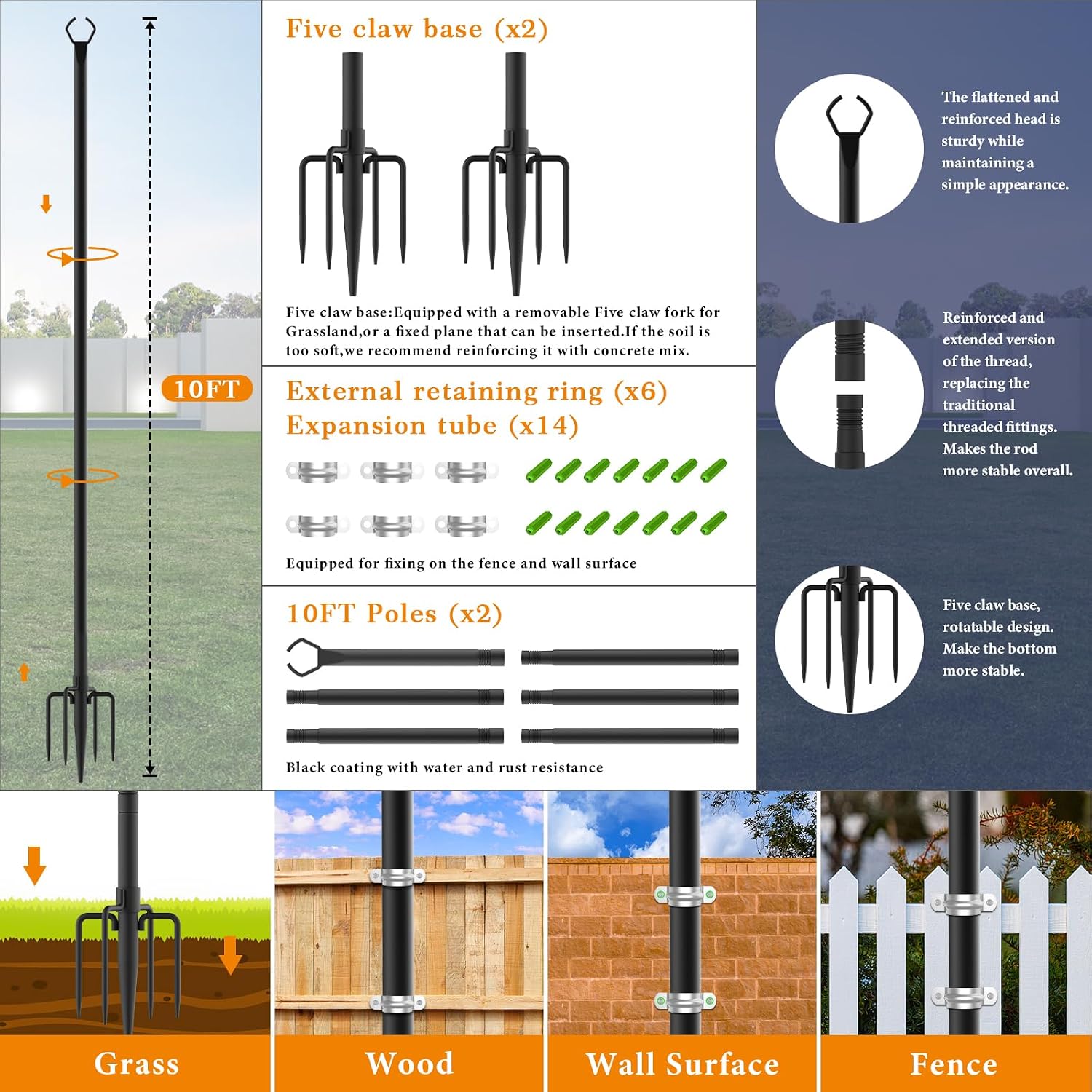 Mutovlin 8 Pack String Light Poles,10 Ft Light Poles for Outside String Lights,Outdoor Lights Pole with Fork,Metal Poles Stand for Patio Deck Backyard