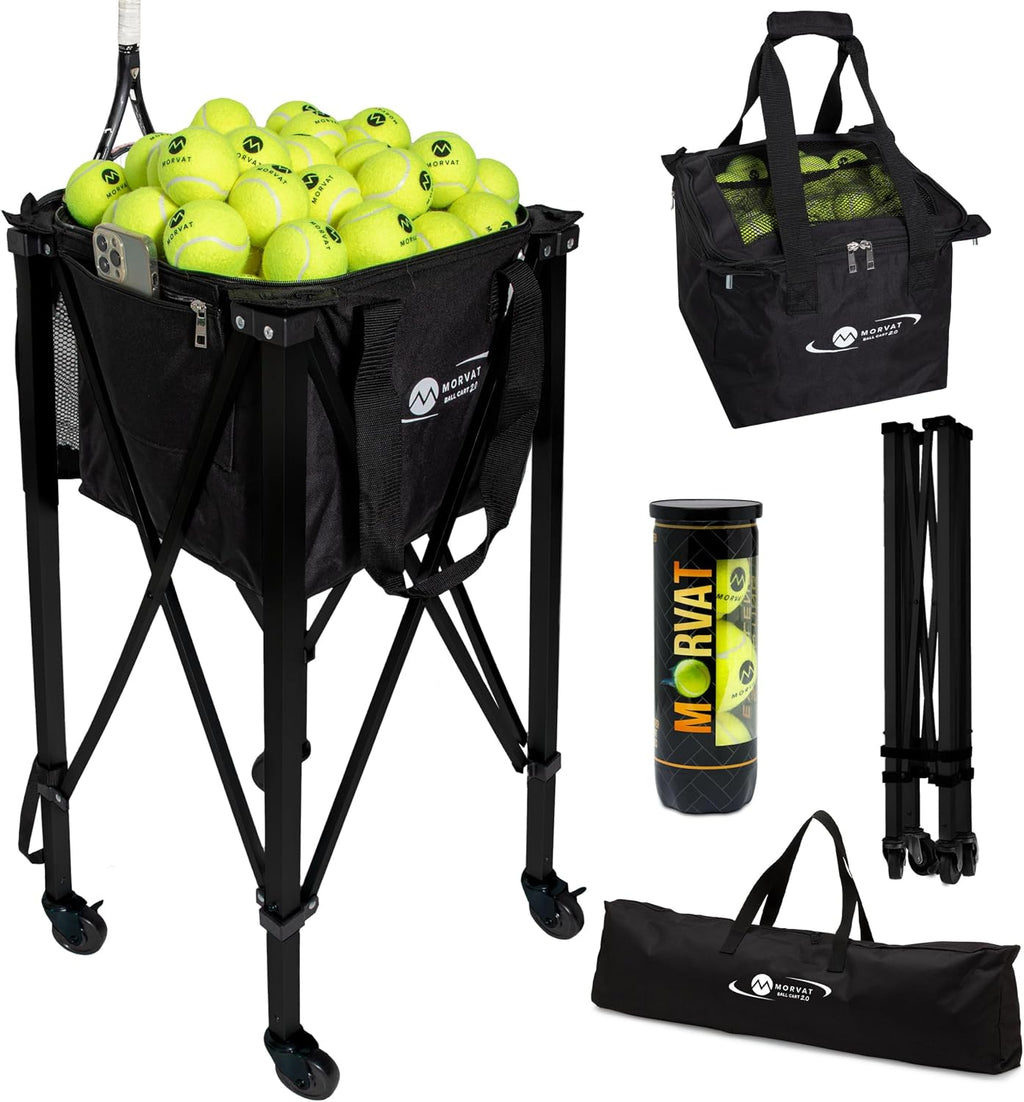 MORVAT Professional Tennis & Pickle Ball Hopper Holds 165 Balls Heavy-Duty Pro Sports Practice Cart, Foldable Portable Compact & Lightweight Zippered Pocket & Racket Holder, Carry Bag + 3 Tennis Balls