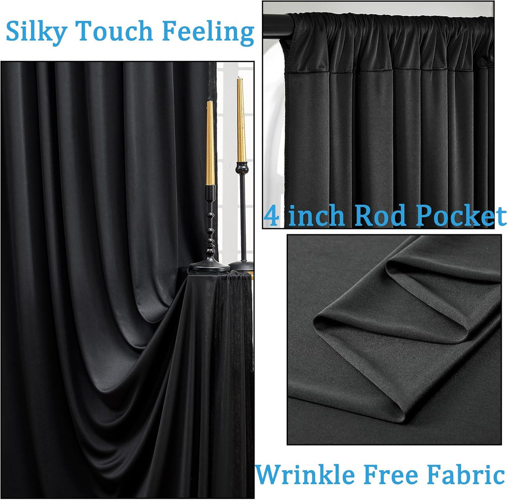 Black Backdrop Curtain for Parties, 10 Panels Wrinkle Free Polyester Photo Backdrop Drapes for Weddings Birthday Anniversary Graduation Stage Photography Background Curtains Bulk, 50 ft x 10 ft