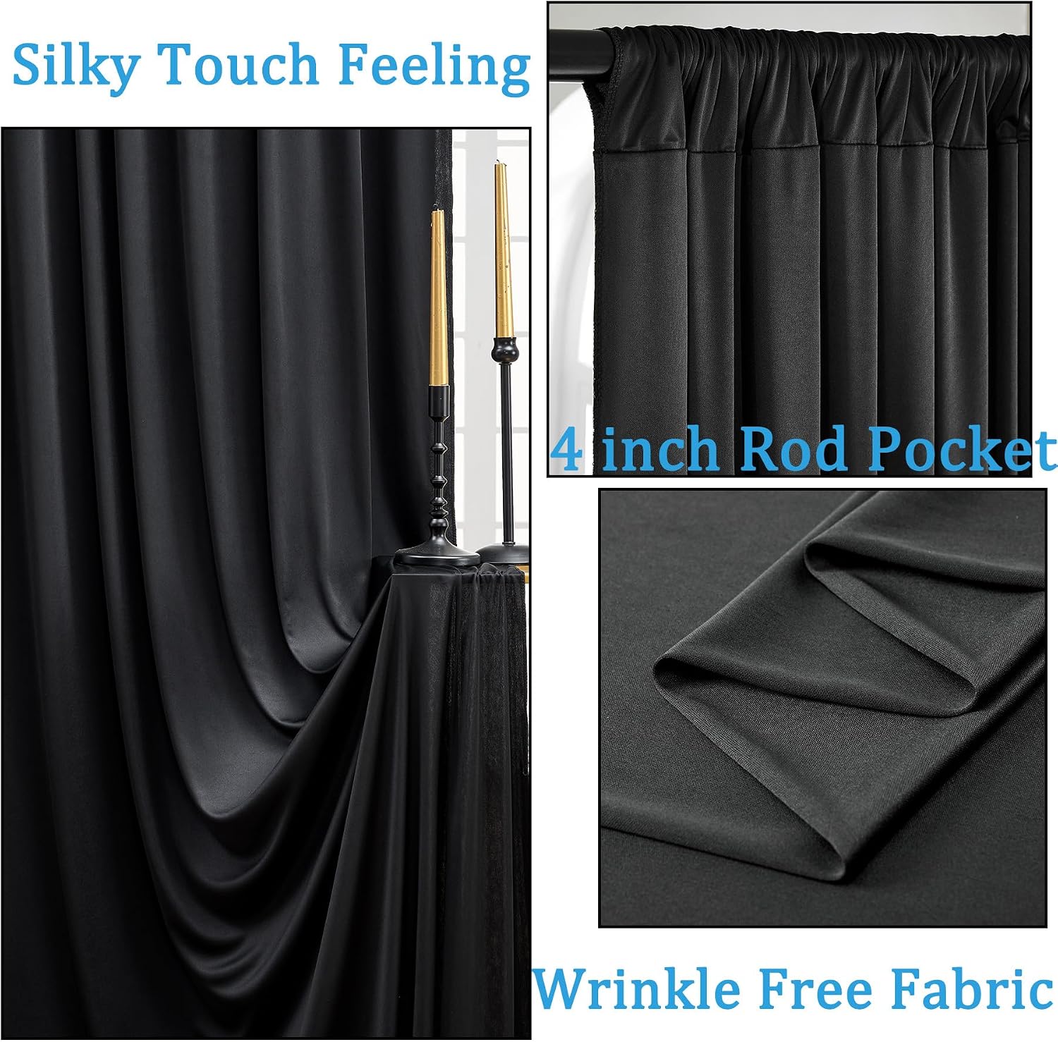 Black Backdrop Curtain for Parties, 10 Panels Wrinkle Free Polyester Photo Backdrop Drapes for Weddings Birthday Anniversary Graduation Stage Photography Background Curtains Bulk, 50 ft x 10 ft