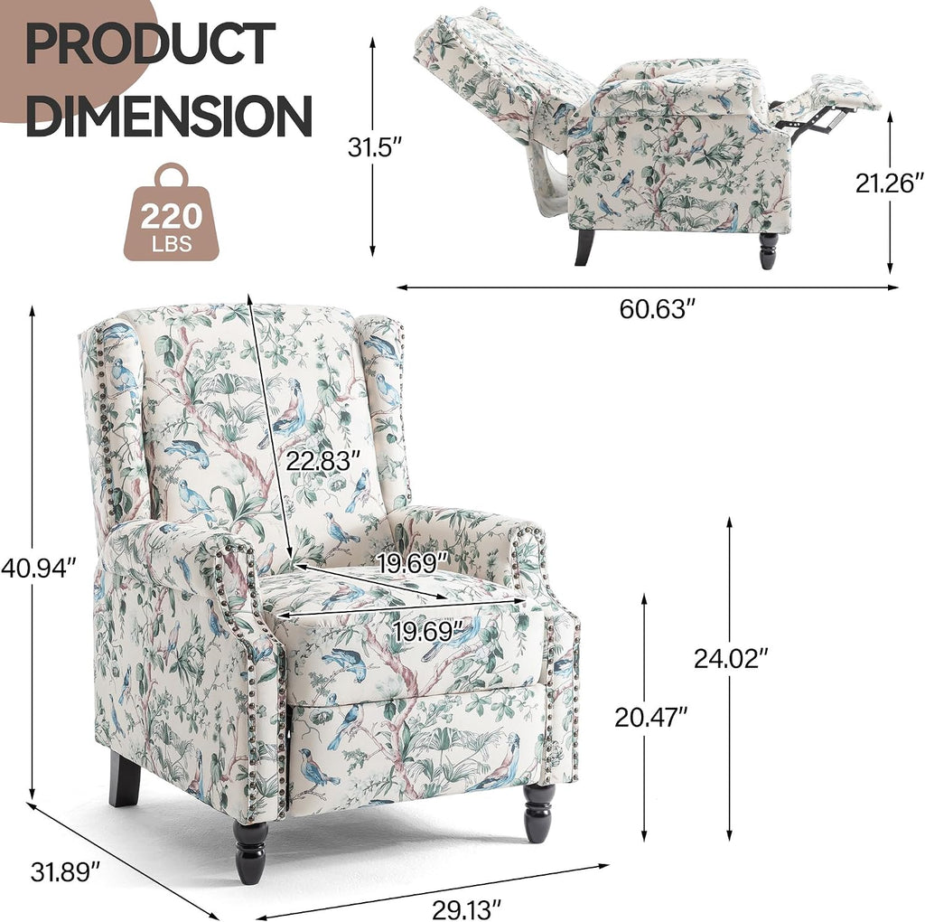 Pushback Recliner Chair, Floral Fabric Wingback Recliner Chair, Upholstered Rivet Trim Armchair Push Back Recliner Accent Chair for Small Spaces, Living Room, Bird