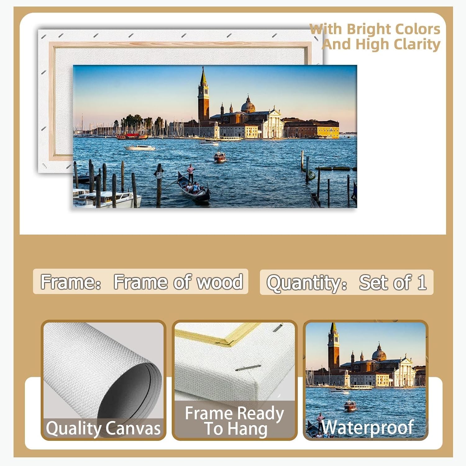 Large Venice Gondola Lagoon Sunset Landscape Wall Art Italian San Giorgio Maggiore Cityscape Canvas Prints Posters European Romantic Travel Relaxing Home Decor Artwork for Bedroom 20x40inch Framed