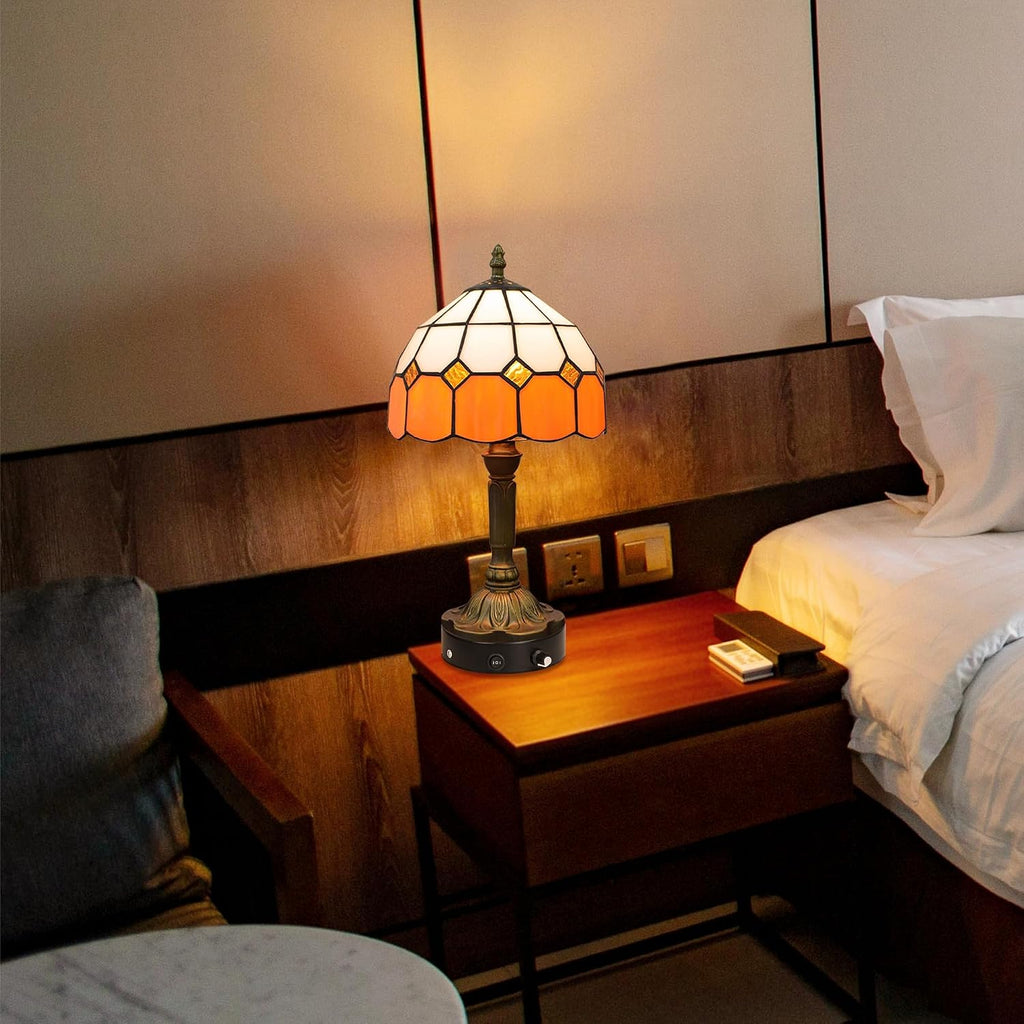 Kiven Cordless Table Lamp, Dimmable Bedside Lamps for Nightstand with Orange Glass Lampshade, Tiffany-Style Rechargeable Desk Lamp for Reading Home Decor Bedside,1-Light