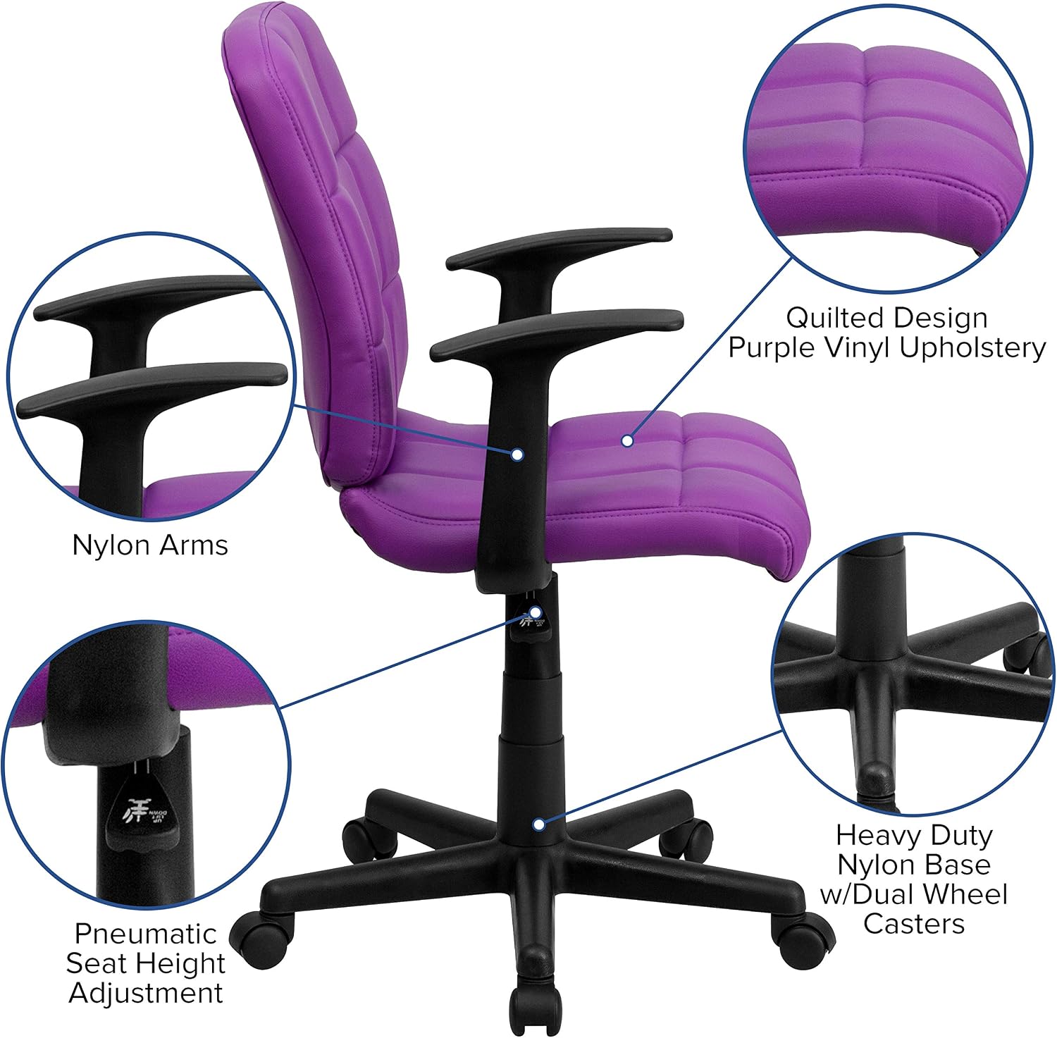 Flash Furniture Clayton Mid-Back Purple Quilted Vinyl Swivel Task Office Chair with Arms