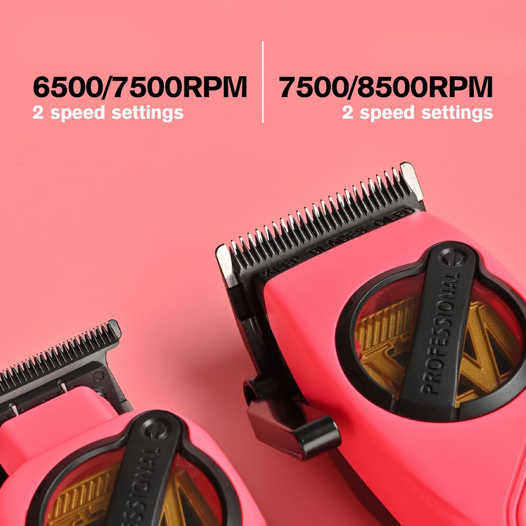 WMARK Professional 2-Piece Haircut Kit for Barber - High-Speed Clipper (7500/8500rpm) & Detail Trimmer (6500/7500rpm), Ceramic Blades, Rechargeable Lithium-Ion Batteries, NG-8613 KIT (Pink)
