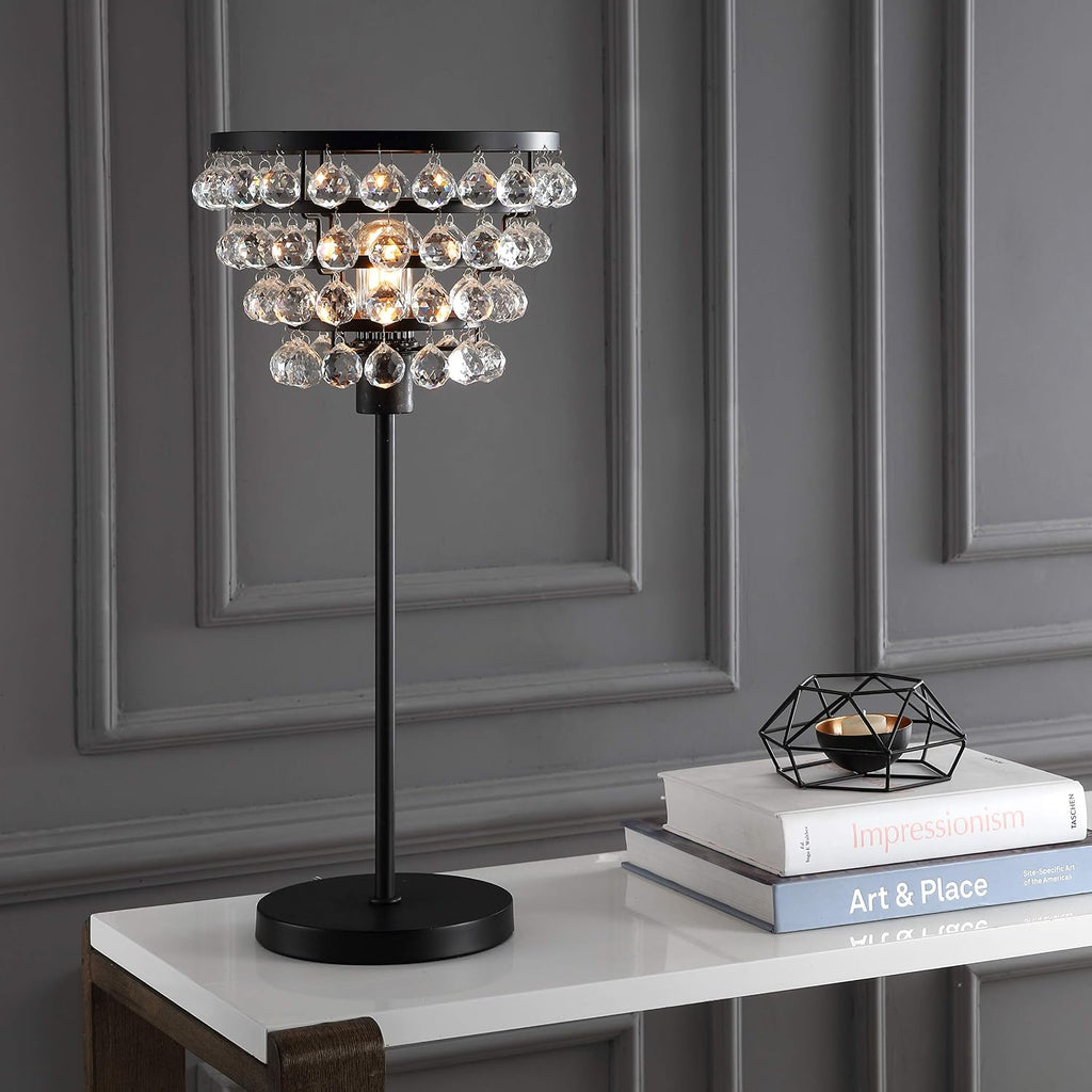 JONATHAN Y 25' Bronze Table Lamp, Modern Industrial Chandelier Style Light, Clear Crystal Beads, Glam Bedside Nightstand Lamp for Bedroom Living Room, LED Bulb Included JYL9004A