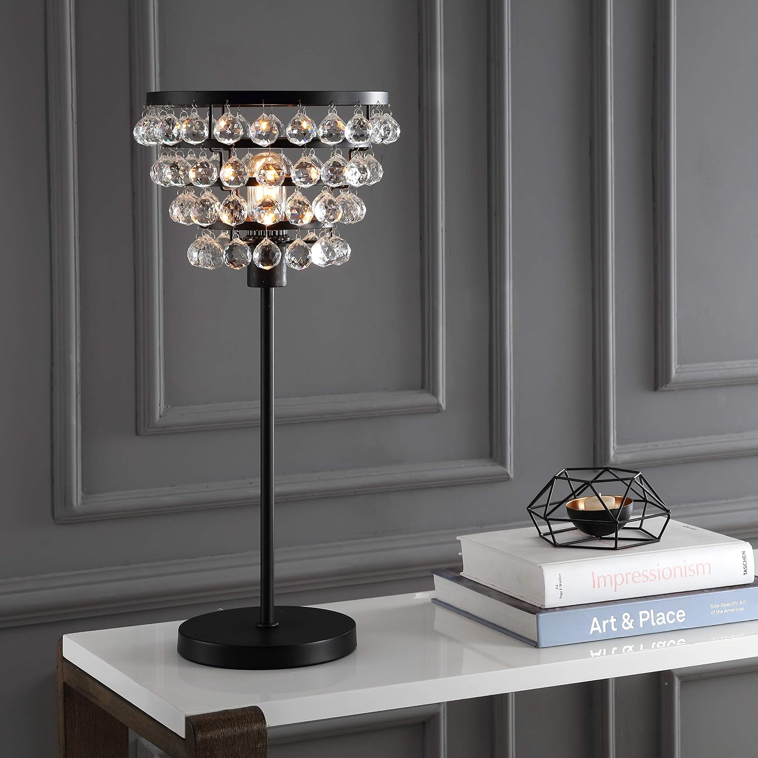 JONATHAN Y 25' Bronze Table Lamp, Modern Industrial Chandelier Style Light, Clear Crystal Beads, Glam Bedside Nightstand Lamp for Bedroom Living Room, LED Bulb Included JYL9004A