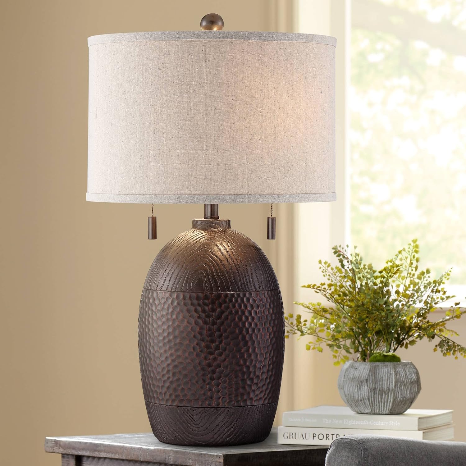 Franklin Iron Works Byron 27 1/2' Tall Farmhouse Rustic Country Cottage Table Lamps Set of 2 Pull Chain Brown Living Room Bedroom Bedside Nightstand House Office Home Reading Kitchen Oatmeal Shade