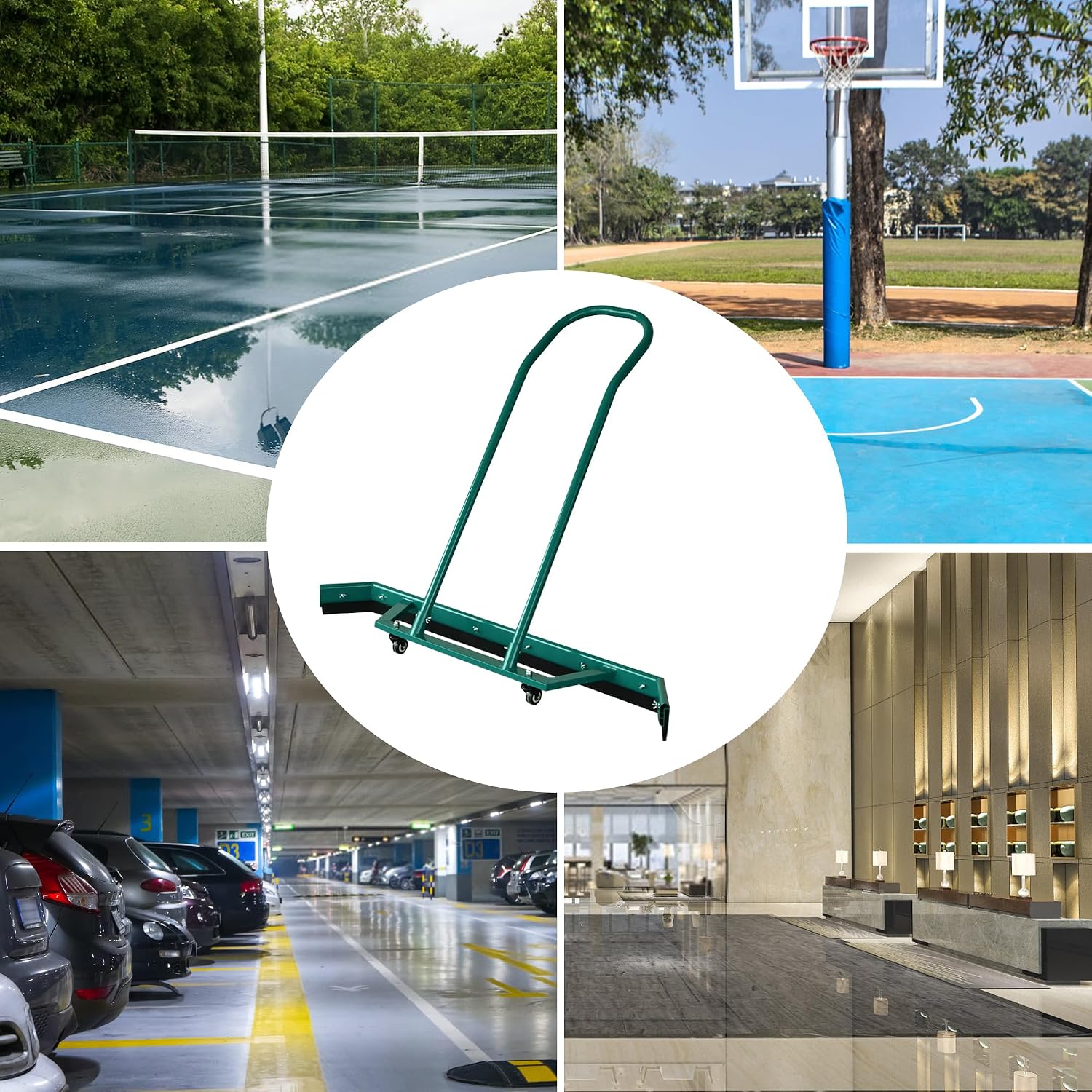 AIWFL 4.3FT Aluminium Alloy Sport Tennis Court Squeegee with Wheels, Tennis Court Rain Shuttle with Additional 2 EVA Foam Blade, Professional Squeegees Floor Water Remover Squeegee Broom, Green