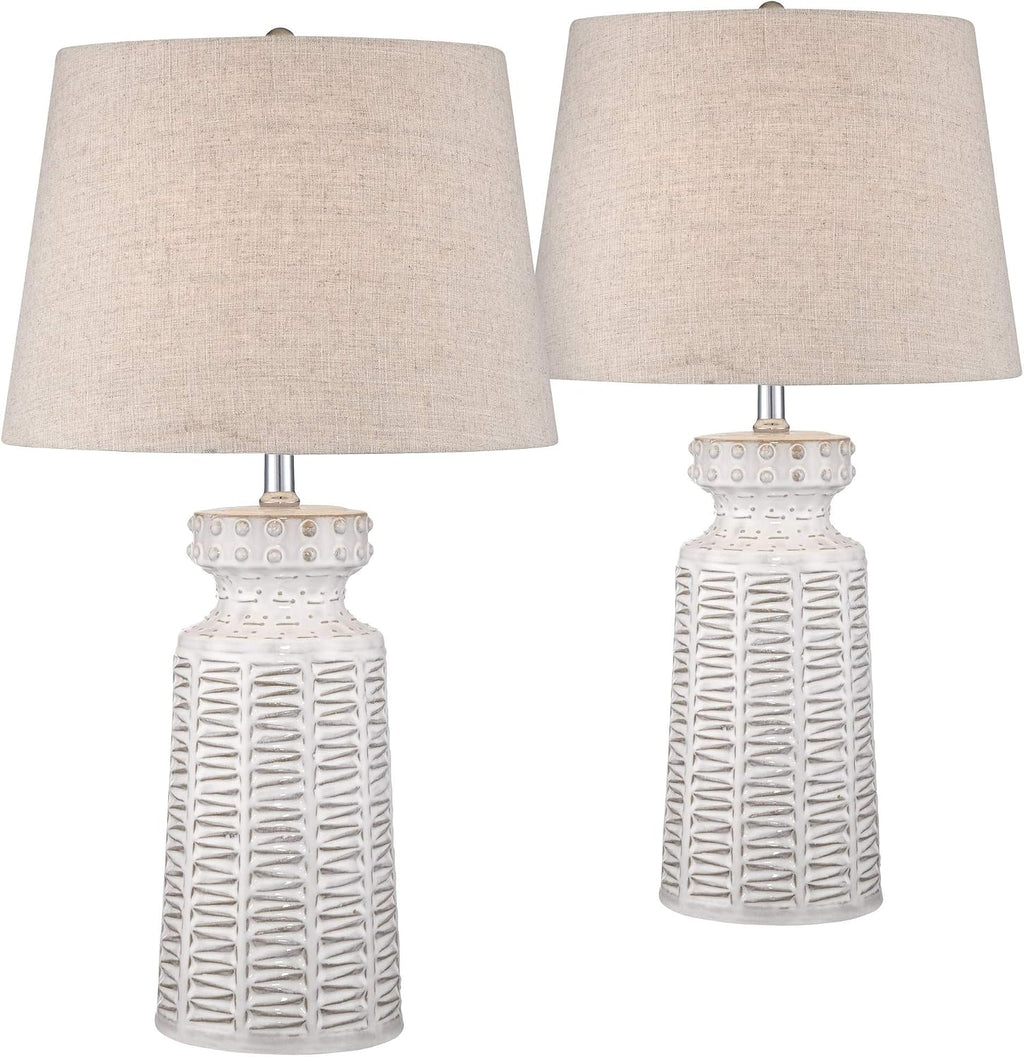 360 Lighting Helene Country Cottage Table Lamps 26' High Set of 2 Ceramic Rustic Cream White Glaze Tan Linen Drum Shade for Living Room Bedroom House Bedside Nightstand (Color May Vary)