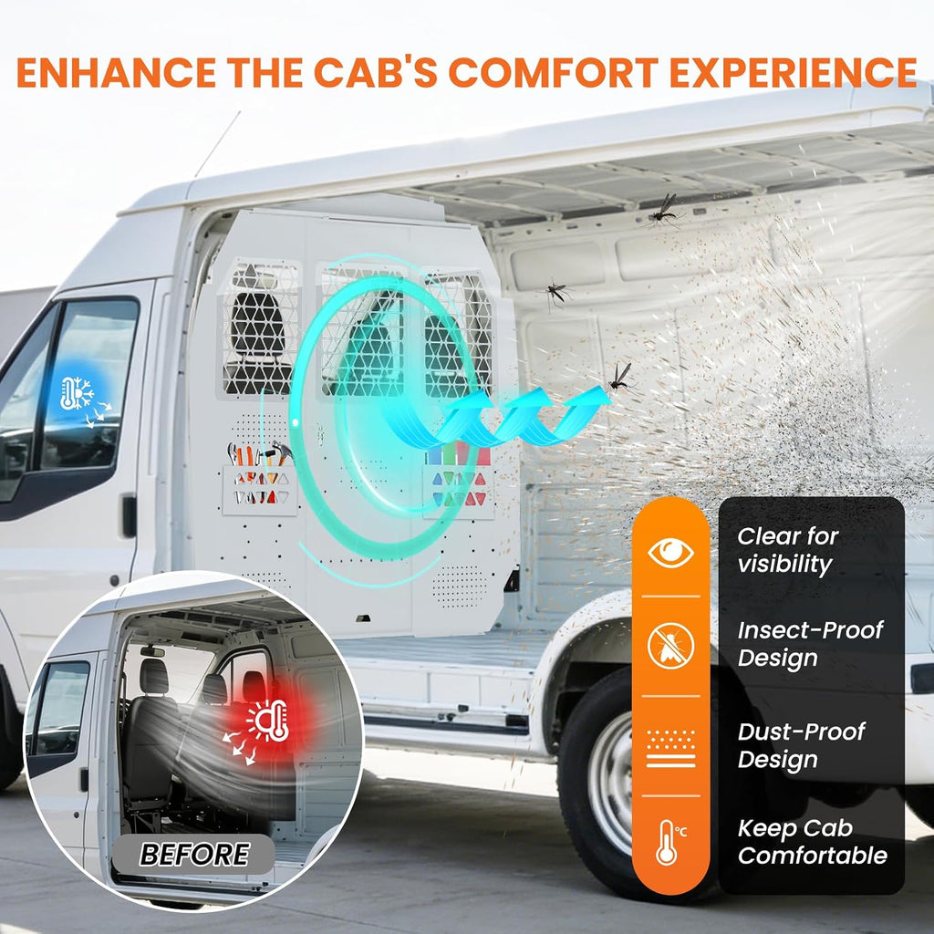 Cargo Van Partition for Ford Transit 150 250 350 Mid Roof, Hinged Center Door with Door Lock and Clear Acrylic Window,Heavy-Duty Steel Van Safety Partition Bulkhead, 2015–2025,White