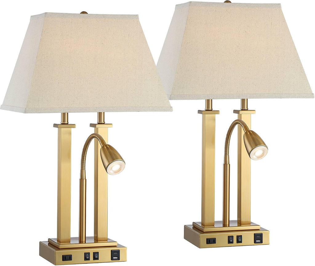 Possini Euro Design Deacon 26' High Traditional Desk Lamps Set of 2 USB Port AC Power Outlet Gooseneck Gold Brass Finish Metal Oatmeal Shade Home Office Living Room Charging Bedroom Bedside