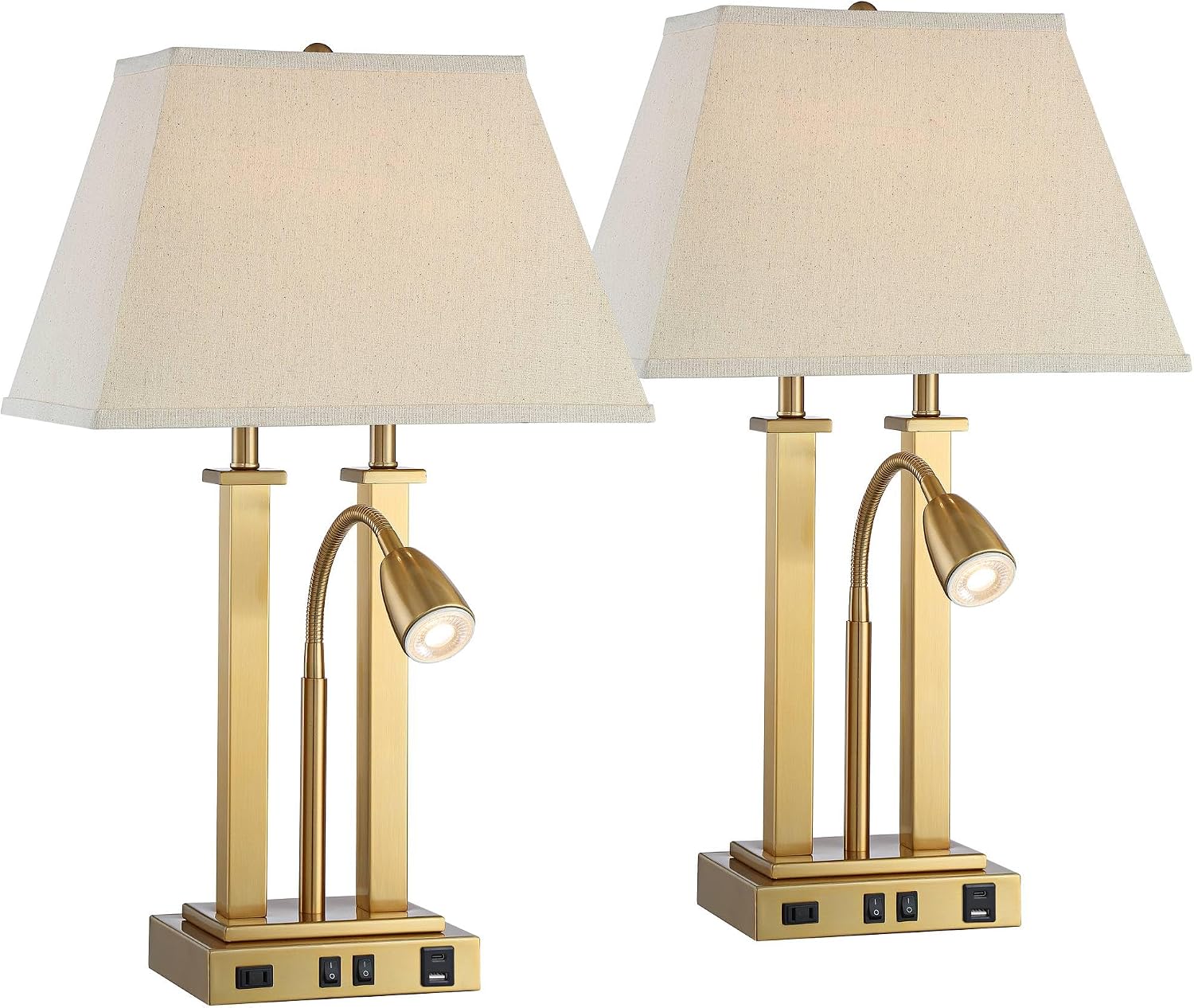 Possini Euro Design Deacon 26' High Traditional Desk Lamps Set of 2 USB Port AC Power Outlet Gooseneck Gold Brass Finish Metal Oatmeal Shade Home Office Living Room Charging Bedroom Bedside