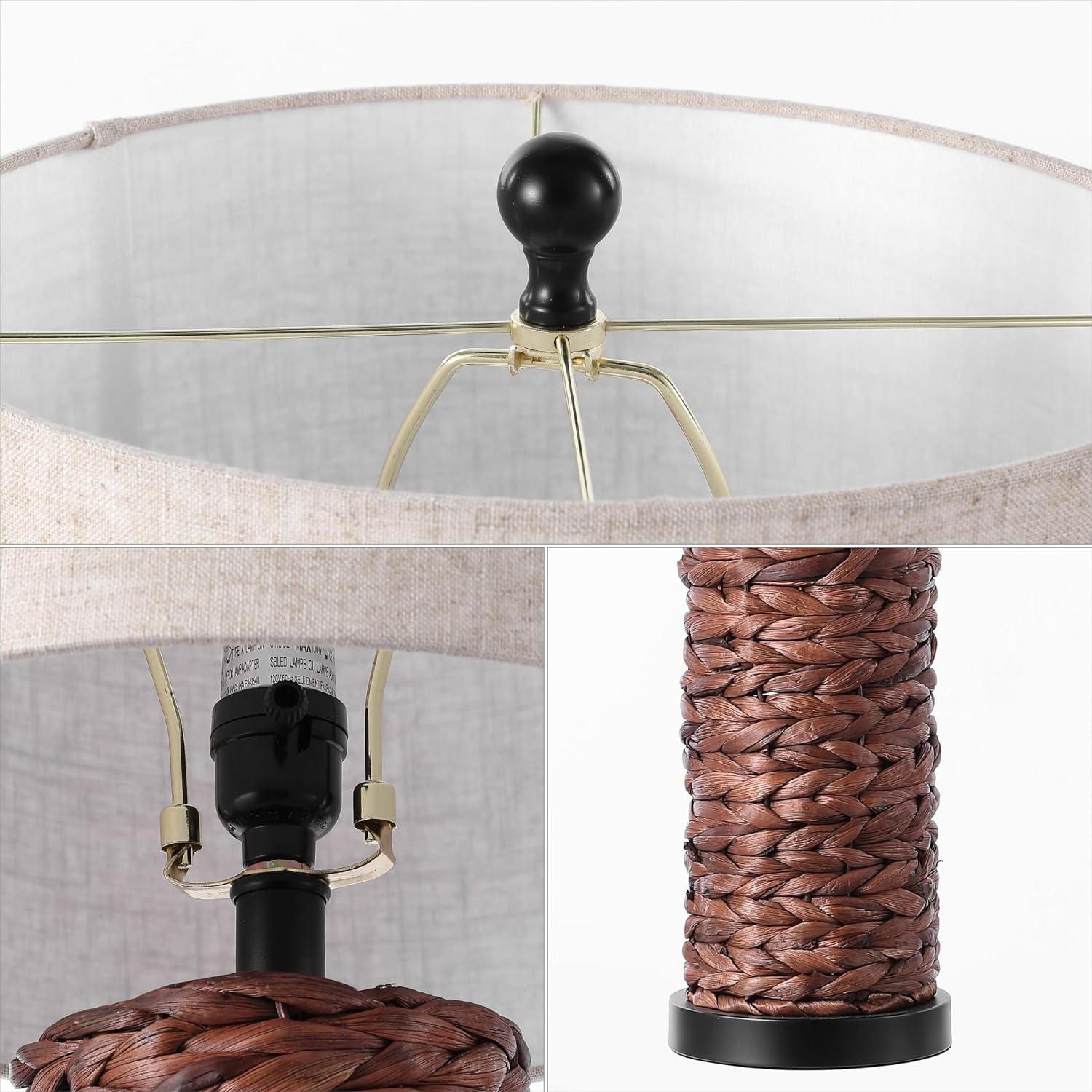 JONATHAN Y 25' Dark Brown Coastal Water Hyacinth Table Lamp Set of 2, Bedside Lamp with Light Grey Linen Shade, Boho Farmhouse Decor for Living Room Nightstand, LED Bulbs (JYL6502B-SET2)