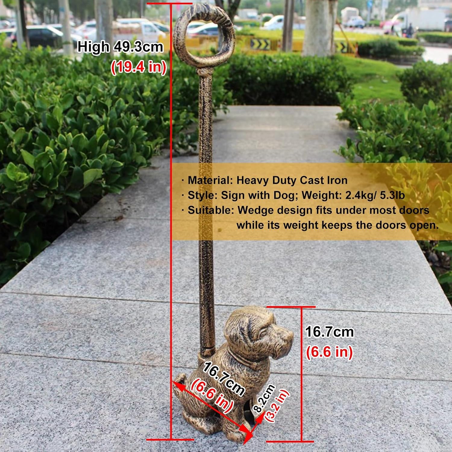 Portable Weighted Door Stop to Keep Door Open, Cast Iron Dog Door Stopper with Handle, Antique Copper, Weight 5.3lb