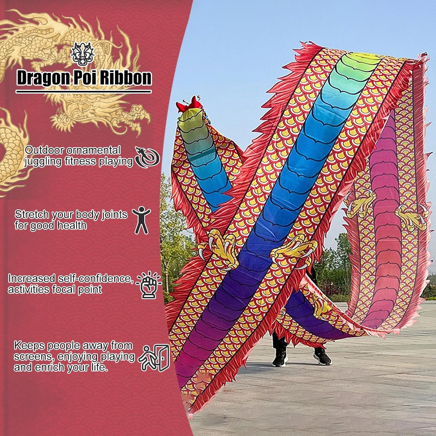 Dragon Poi with Flowing Silk Streamers – Chinese Dragon Head Spinning Toy, 8m/10m/12m Long Outdoor Dance Ribbons – Includes Portable Carry Bag, Perfect for Flow Arts, Festivals & Performance