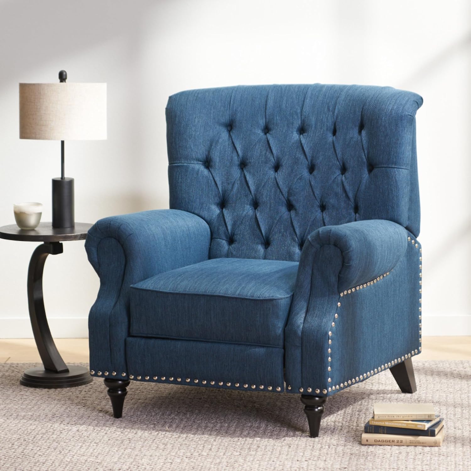Classic Style Manual Push Back Chair with Exquisite Rivet Decor and Rolled Armrests, Ideal for Living Room Relaxation and Daily Seating (Navy Blue + Fabric)