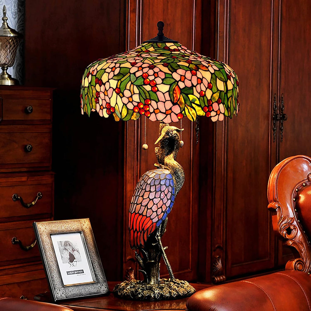 Pink Stained Glass Green Leaves Table Lamp, 20 Inch Tiffany Style Pastoral Cherry Blossom Bedroom Bedside Lamp, Living Room Office Table Decoration Lamp with Pull Cord Switch,C