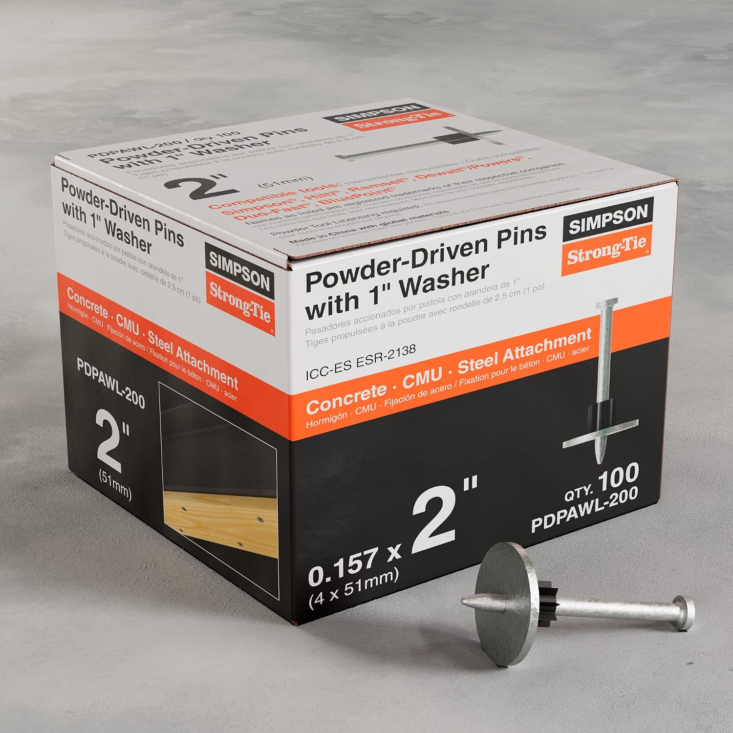 Simpson Strong-Tie PDPAWL-200 PDPAWL.157-in. x 2-in. Powder-Actuated Pin w/ 1-in. Washer (100-Qty) (Pack of 10)