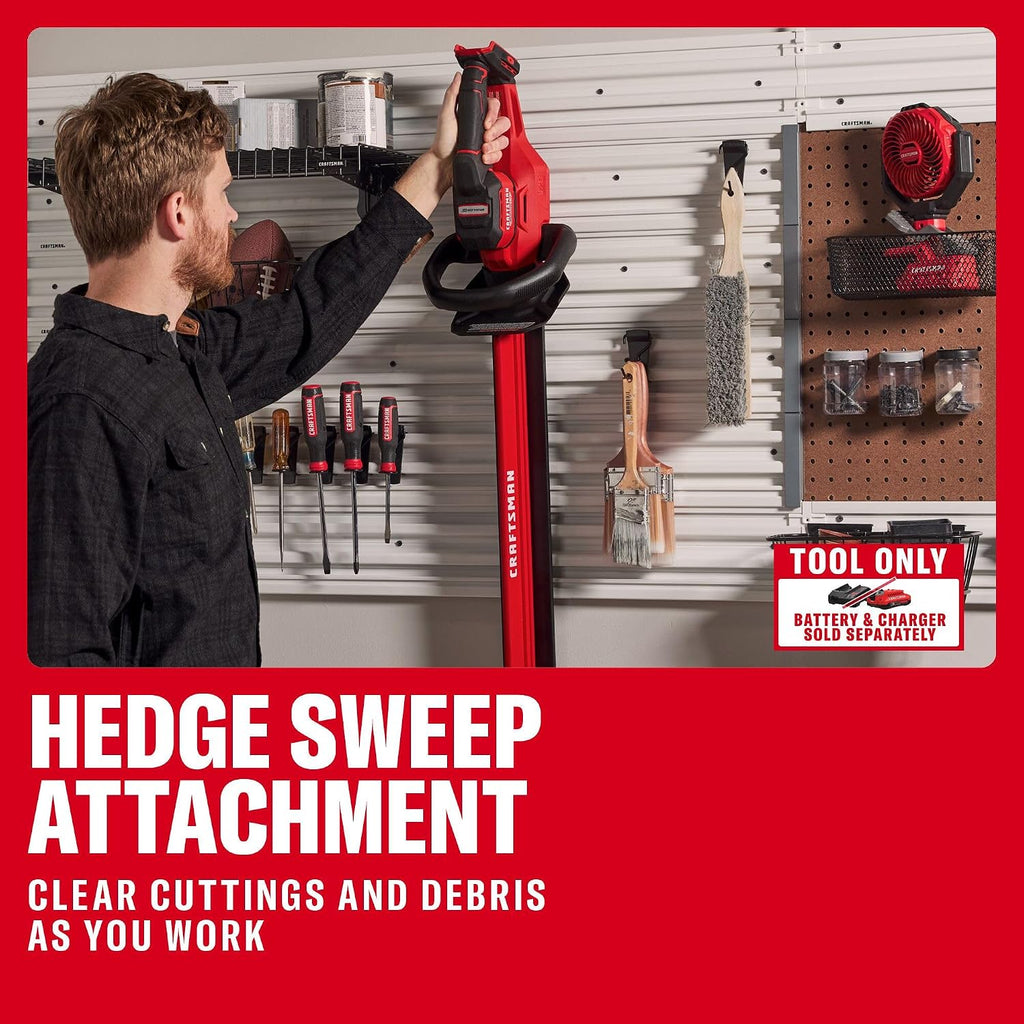 CRAFTSMAN V20 Brushless RP 22 in. Cordless Hedge Trimmer, Lightweight Bush Trimmer with Hedge Sweep Attachment, Up to 2X Power, Longer Runtime, Tool Only (CMCHT830B)