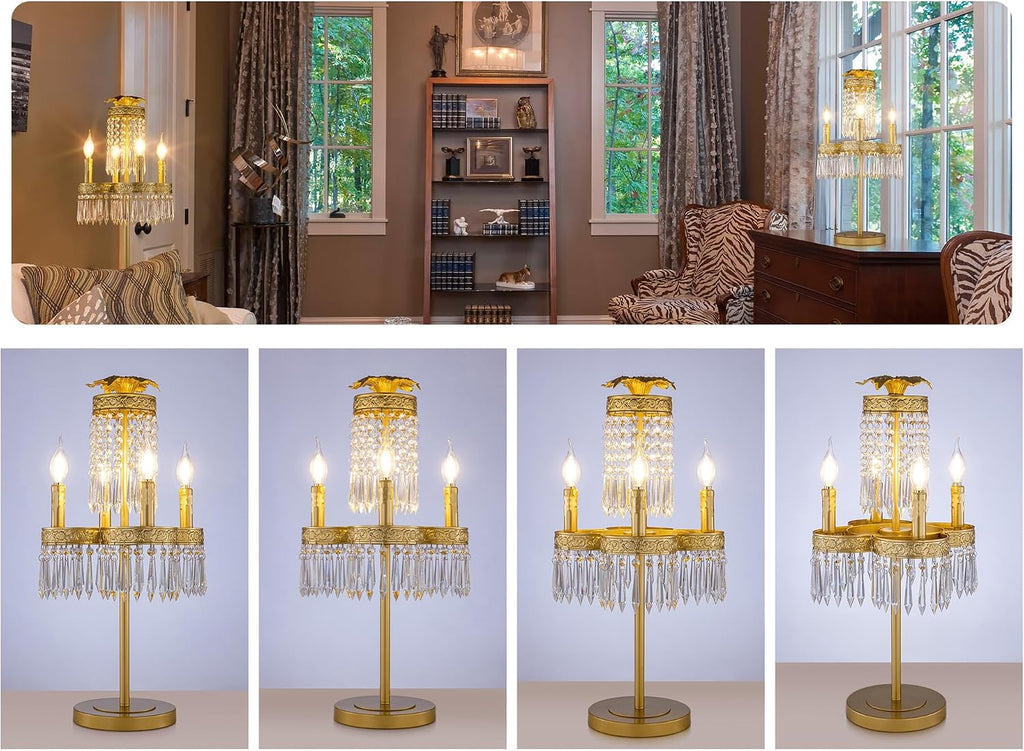 TOCHIC 4 Lights Chandelier Table Lamps for Living Room, 26' Tall Bar Top Crystal Bedside Candelabra Table Lamp Gold Modern Farmhouse Desk Lamps for Night Stands Bedroom Kids Room Entryway Home Office