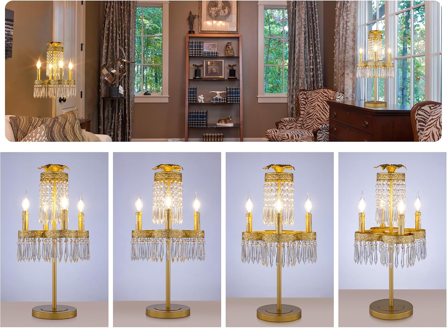 TOCHIC 4 Lights Chandelier Table Lamps for Living Room, 26' Tall Bar Top Crystal Bedside Candelabra Table Lamp Gold Modern Farmhouse Desk Lamps for Night Stands Bedroom Kids Room Entryway Home Office