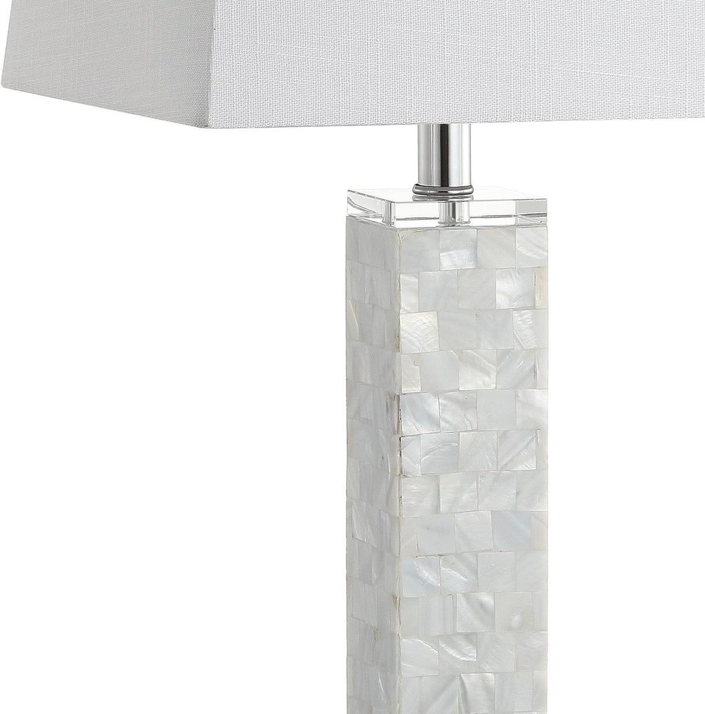 JONATHAN Y 28.5' White Mother-of-Pearl Seashell LED Table Lamp Set of 2, Coastal Contemporary Mosaic Pillar for Living Room, Crystal Base, White Linen Shade, LED Bulbs Included JYL1053A-SET2