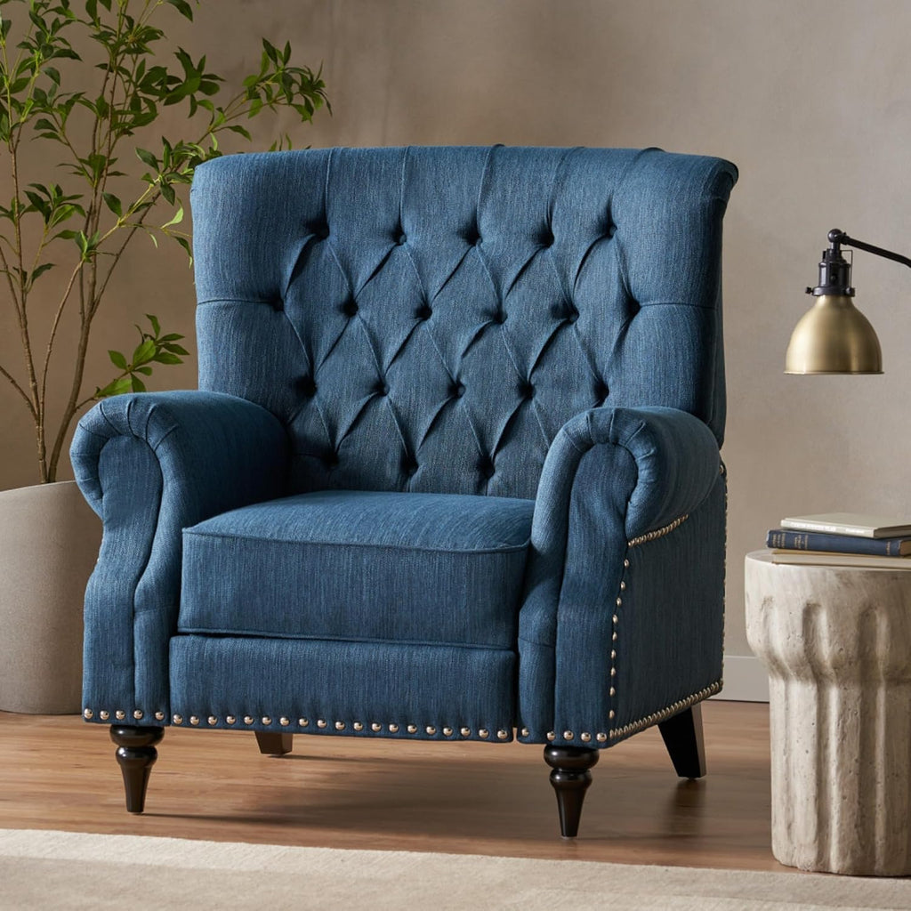 Classic Style Manual Push Back Chair with Exquisite Rivet Decor and Rolled Armrests, Ideal for Living Room Relaxation and Daily Seating (Navy Blue + Fabric)