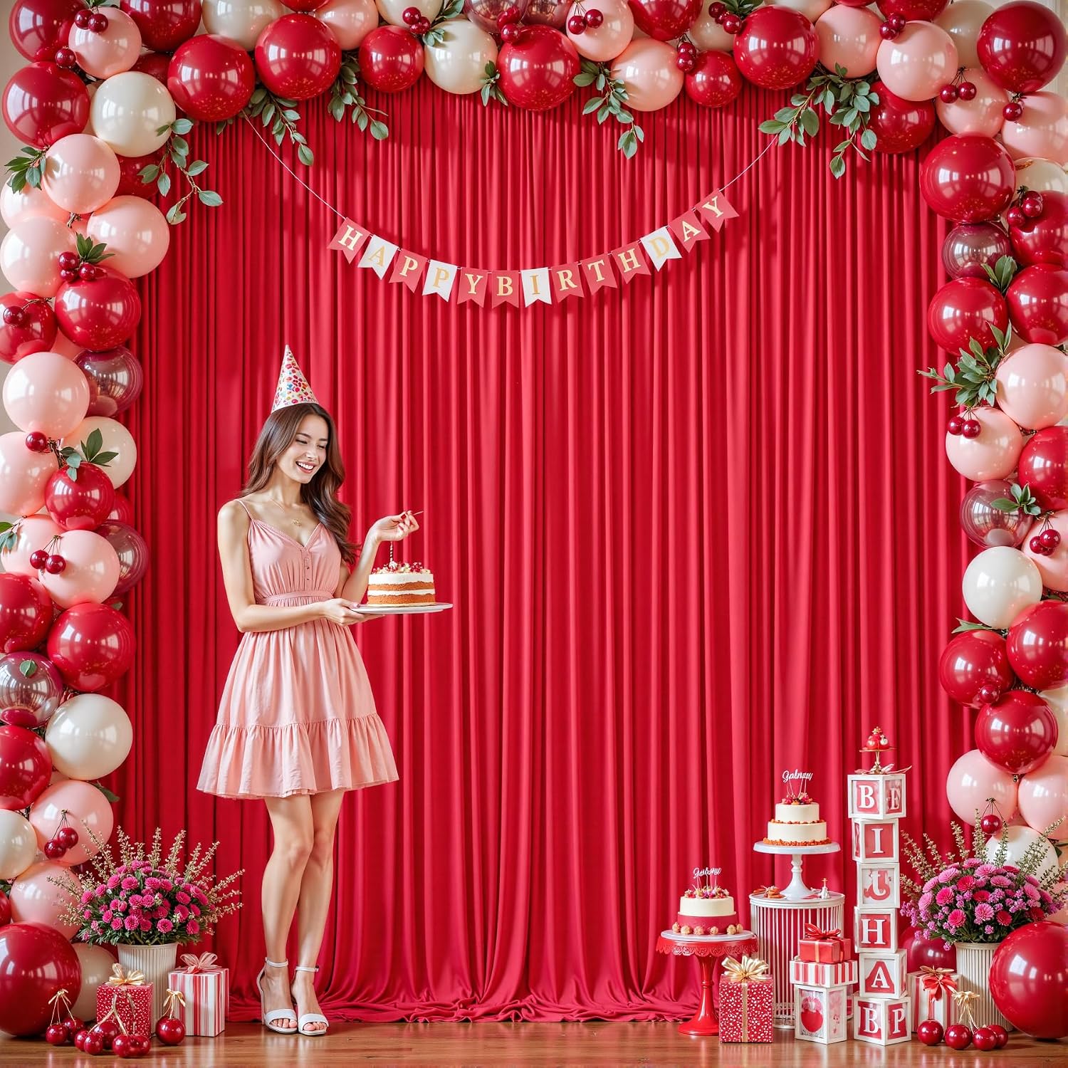10 Panels Red Backdrop Curtains - Wrinkle Free Fabric Backdrop Curtain for Photoshoot, 10FT Wedding Party Photo Backdrop Drapes for Birthday Baby Shower Photography Stage Background Decorations