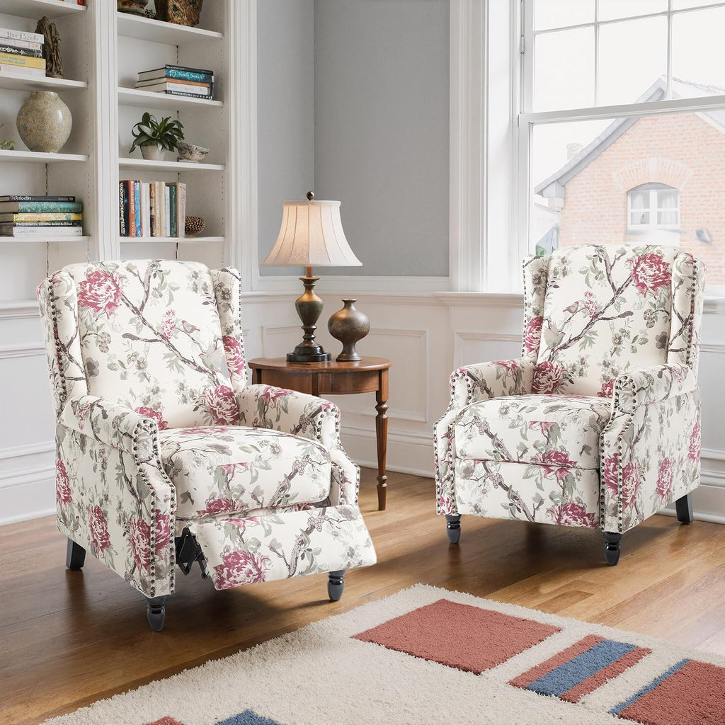 Set of 2 Floral Pushback Recliner Chairs, Fabric Upholstered Rivet Trim Accent Club Chairs for Living Room, Home Theater- Red Floral