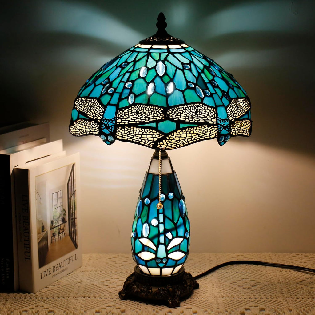 Tiffany Lamp Stained Glass Table Lamp 12X19 Inches Mother Daughter Vase Desk Accent Night Light for Bedroom Bedside Reading Home Antique Style (Green Dragonfly)