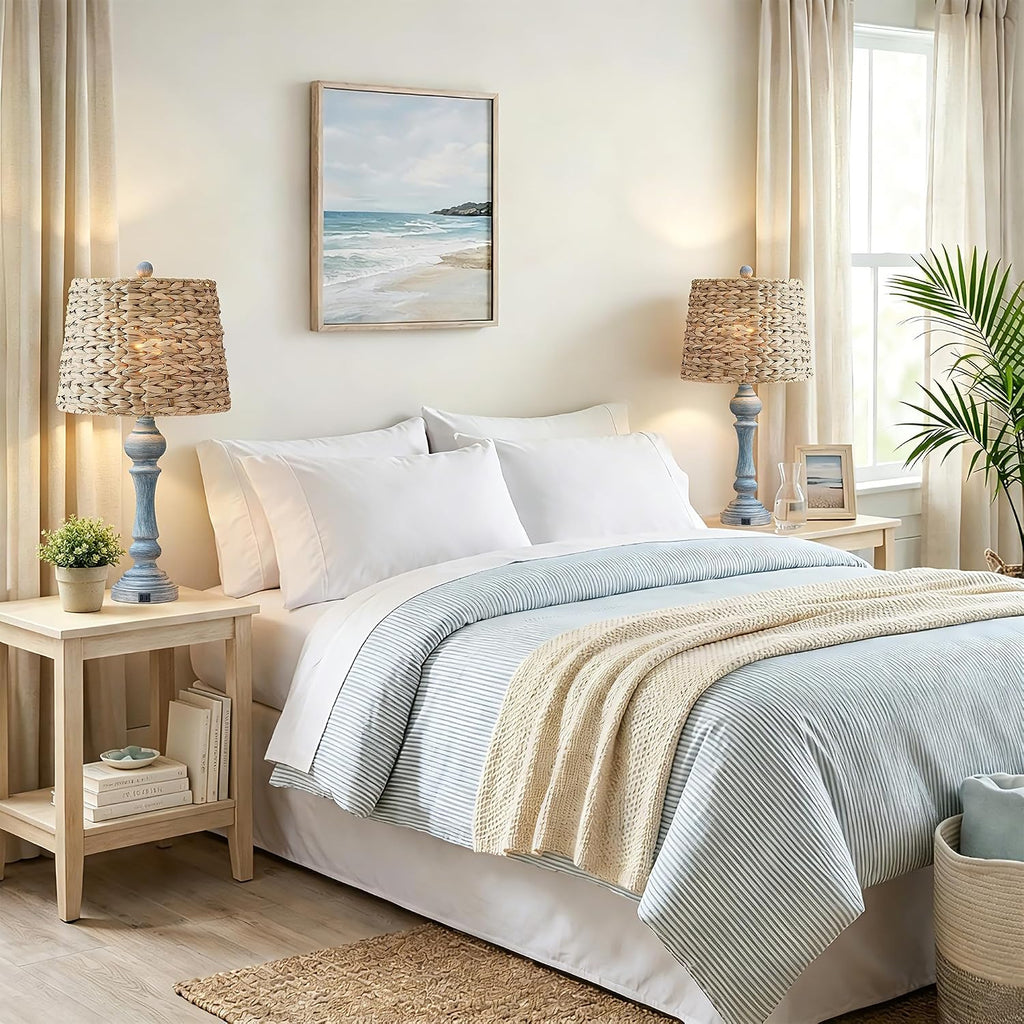 Maxax 26' Boho Rattan Table Lamps Set of 2 with USB A+C Ports, Coastal Bedside Lamps with Rattan Shade, Distressed Antique Blue Farmhouse Wicker Lamps, Rustic Resin Nightstand Lamps for Living Room