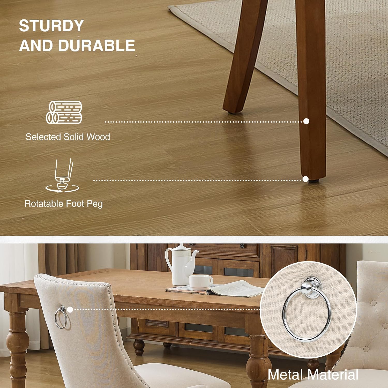 adochr Dining Chairs Set of 6, Modern Mid Century Kitchen Chairs with Wooden Legs & Linen Fabric Back, Dining Room Chairs with Pull Rings & Nailhead Trim, Beige