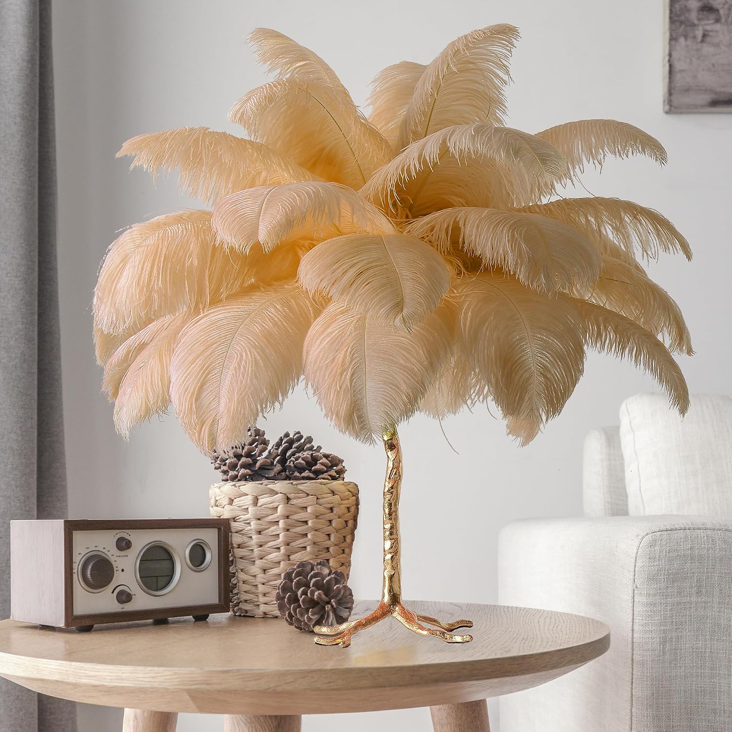 MAYOLA Modern Ostrich Feather Table Lamp with Plug in Wire,3-Light Bedside Floor Lamp for Living Room, Bedroom and Office 24' Tall Feather Desk Lamp (Ostrich Color, Table Lamp-Resin)