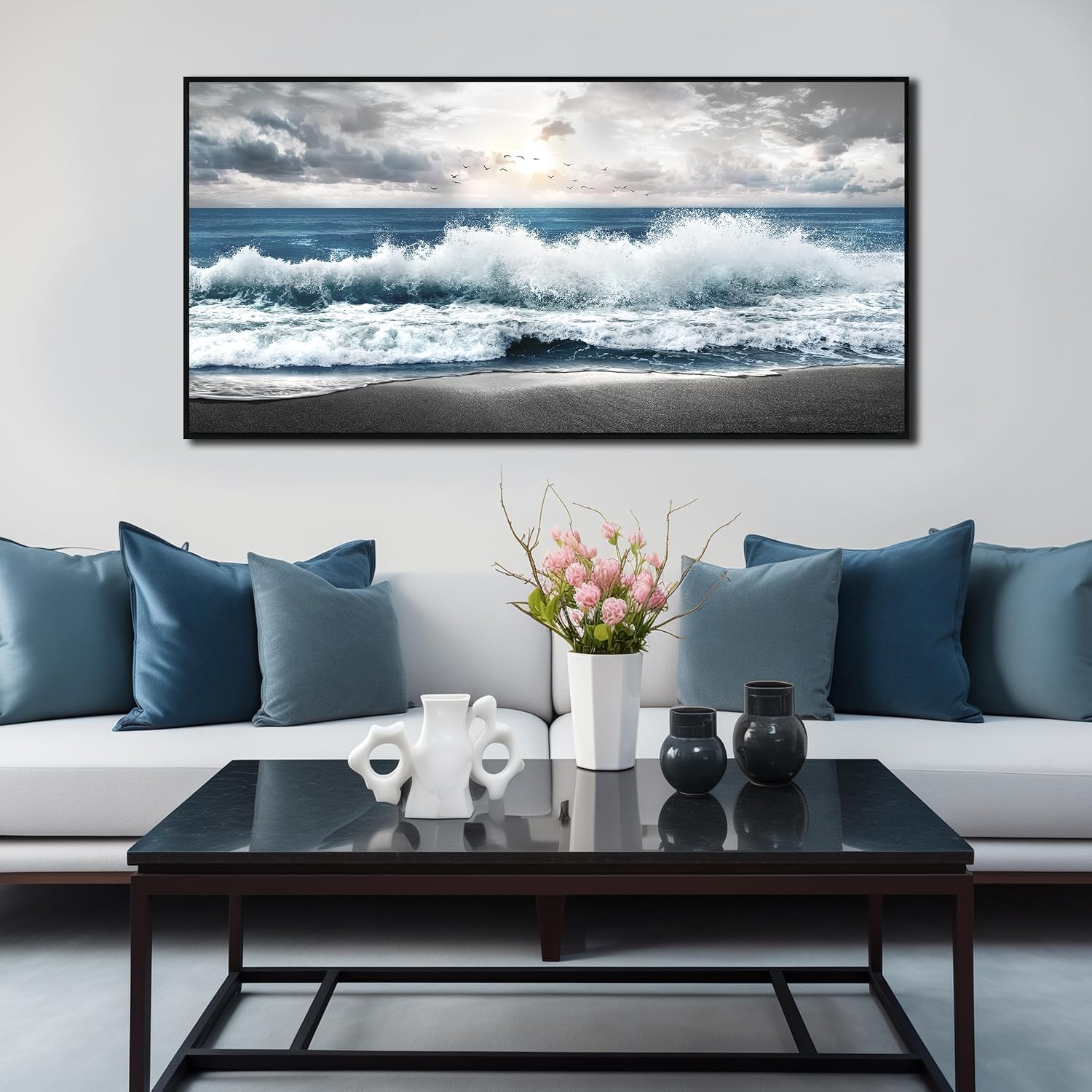 Beach Themed Wall Decor For Living Room Blue Wall Art For Office Ocean Pictures For Wall Modern Framed Wall Canvas 29 x 58 Inch