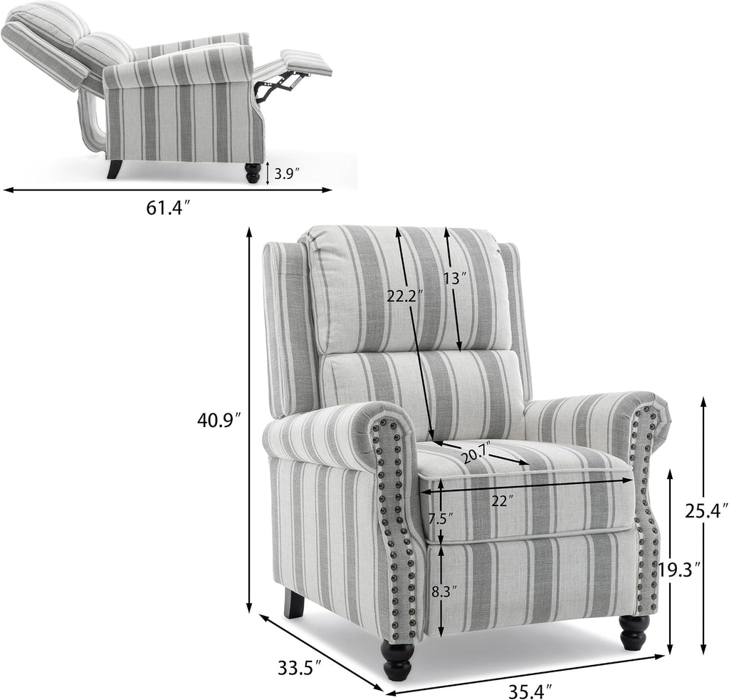 Pushback Recliner Chair, Comfy Fabric Wingback Recliner Chair, Upholstered Armchair Push Back Recliner with Wood Legs, Rivet Trim Single Sofa Accent Chair for Living Room, Bedroom, Gray Stripe