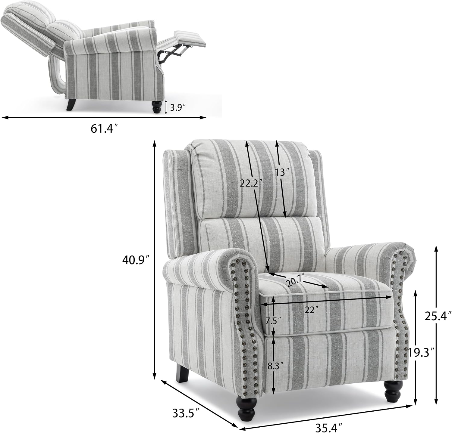 Pushback Recliner Chair, Comfy Fabric Wingback Recliner Chair, Upholstered Armchair Push Back Recliner with Wood Legs, Rivet Trim Single Sofa Accent Chair for Living Room, Bedroom, Gray Stripe
