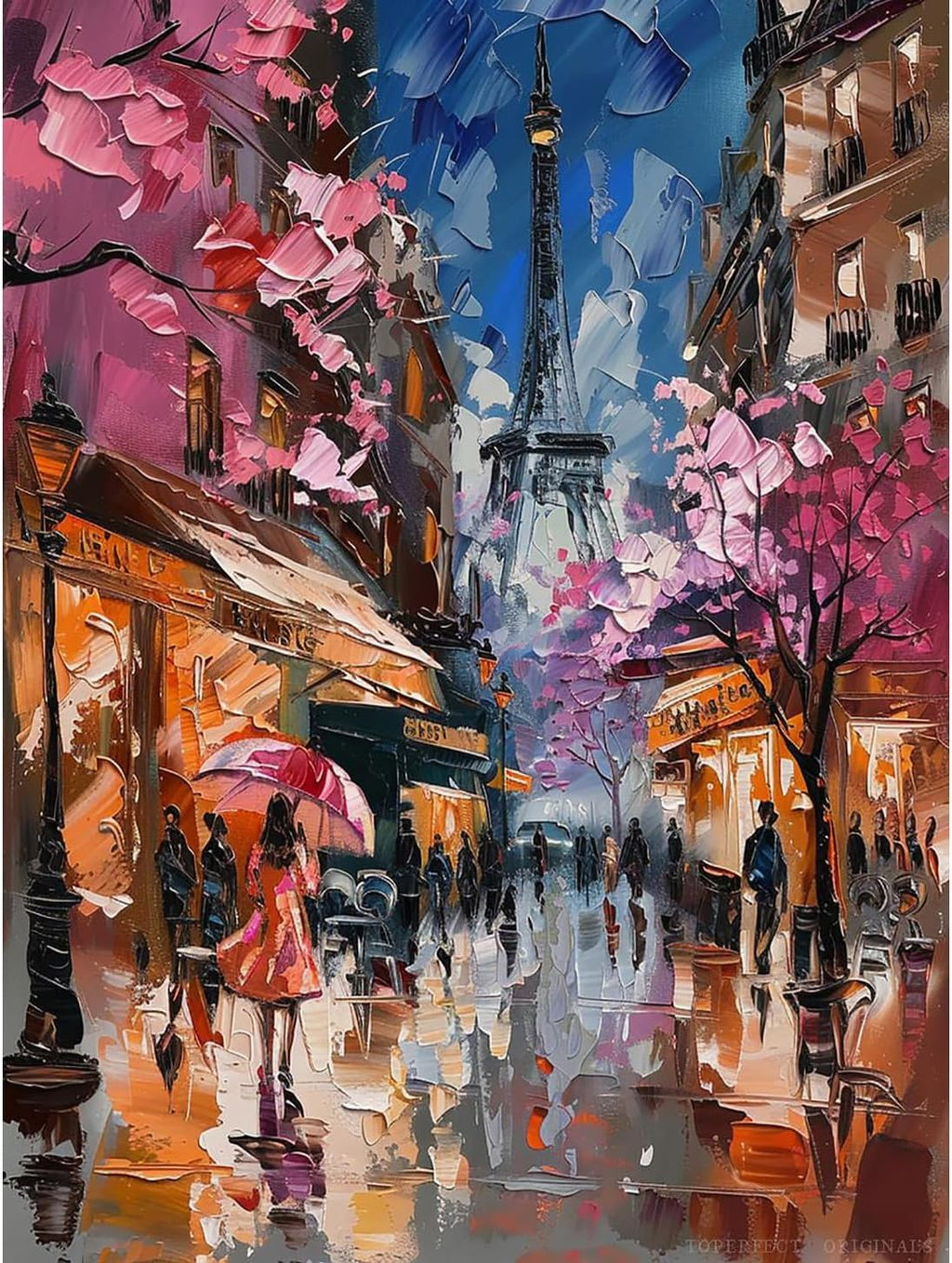 24 Hand-Painted Paris Nightscape Painting by College Teachers – Thick Paints Knife Art, Pink Cityscape Canvas, Eiffel Tower, Blooming Trees, Rainy Street, Girl Umbrella, Modern Wall Decor for Home