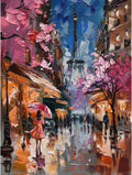 24 Hand-Painted Paris Nightscape Painting by College Teachers – Thick Paints Knife Art, Pink Cityscape Canvas, Eiffel Tower, Blooming Trees, Rainy Street, Girl Umbrella, Modern Wall Decor for Home