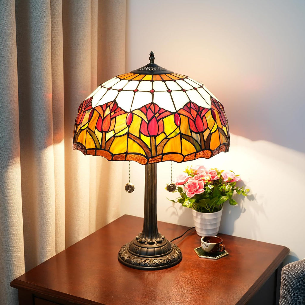 Red Tulip Tiffany Table Lamps for Bedside Bedroom Tiffany Style Stained Glass Nightstand Lamp 16X16X23 INCH Home Office Bedroom Decor Light