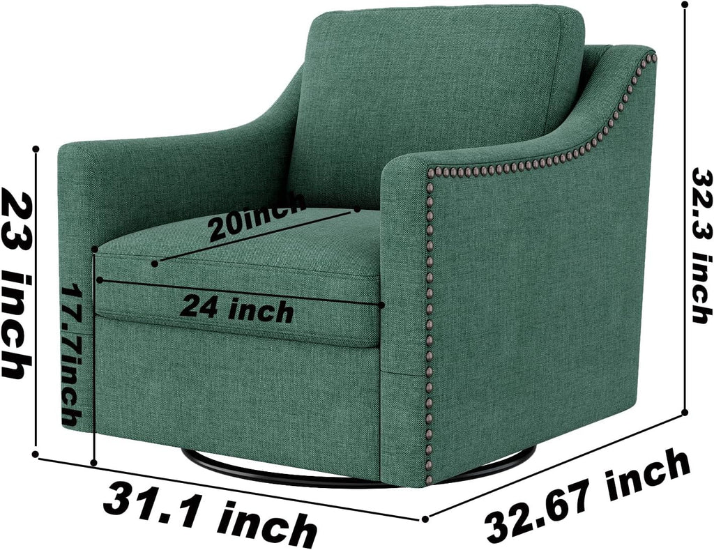360° Swivel Armchair, Cotton Linen Skin-Friendly Fabric, Ergonomic Design with Brass Nail Decor, Accent Chair for Living Room & Bedroom